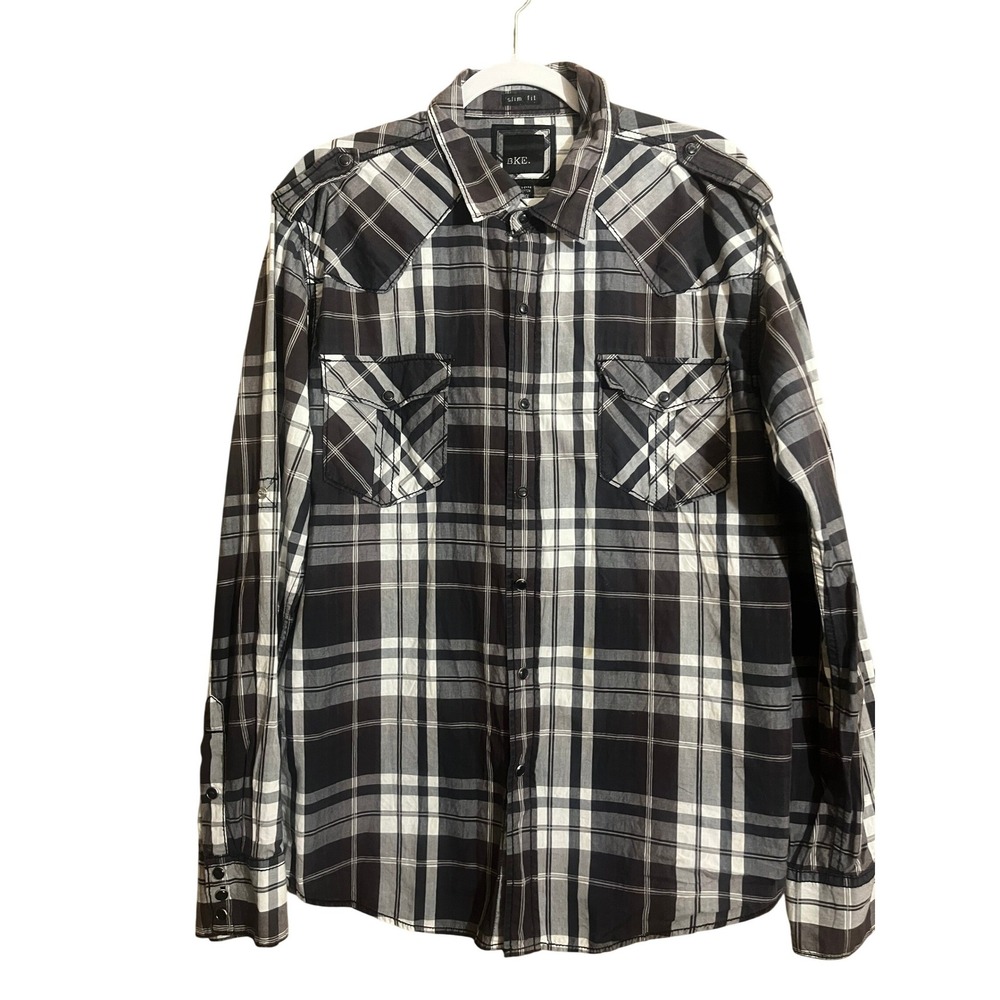 BKE Mens Slim  Western Plaid Button Down Shirt Black White XL Embroidered Patch